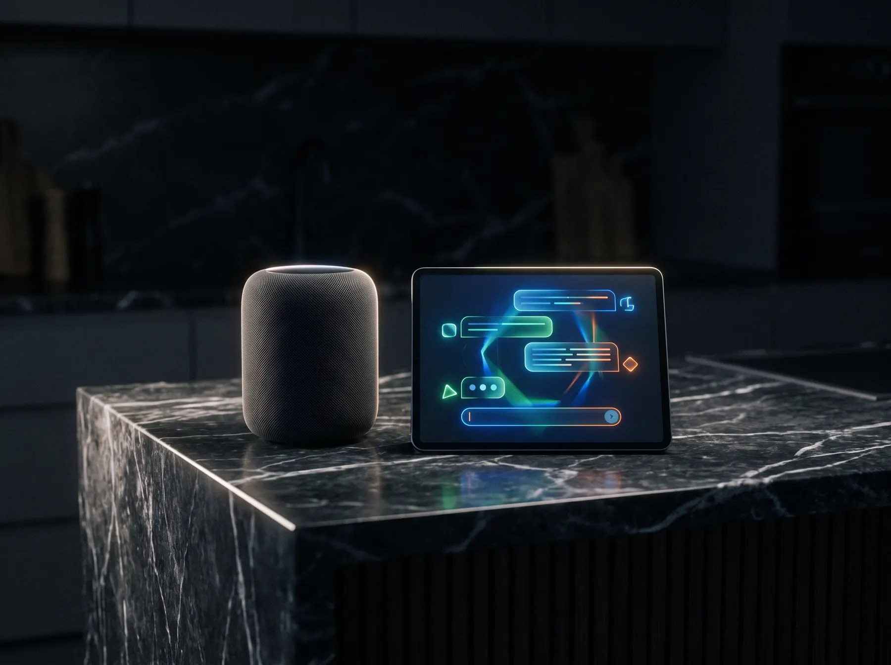 Smart speaker and tablet with an AI chat interface on a kitchen counter