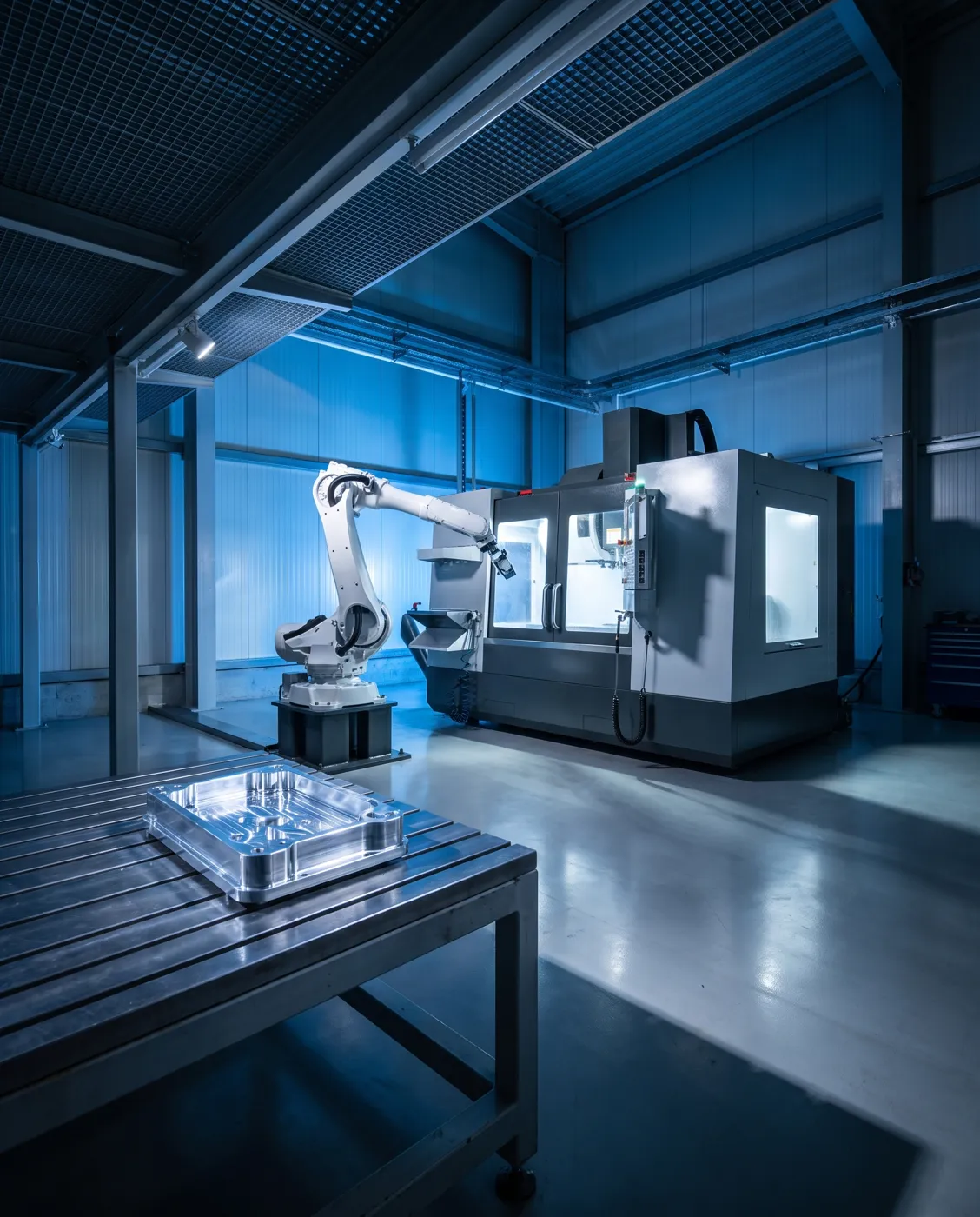 Machined part beside a robotic manufacturing cell