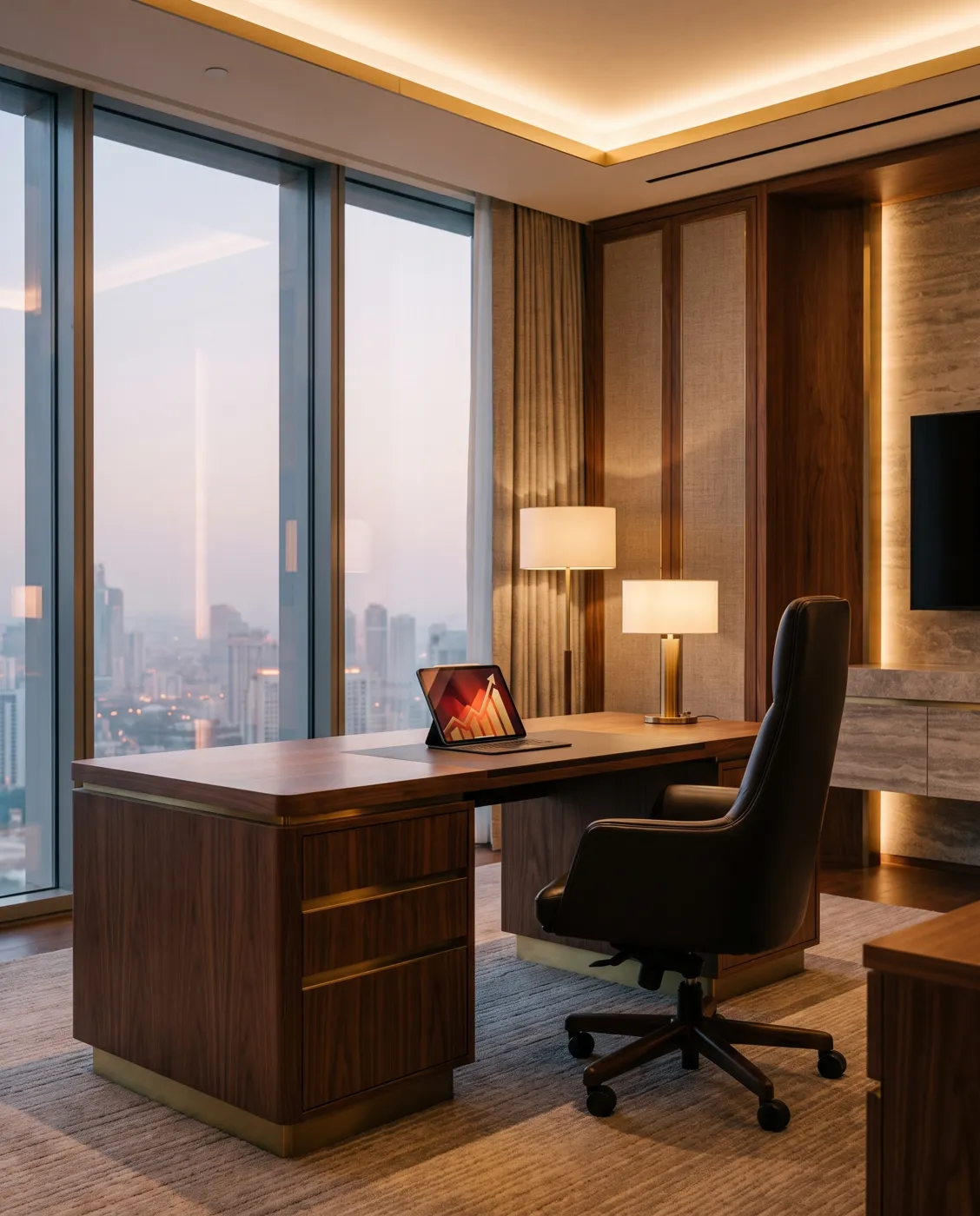 Executive office with a tablet showing growth results
