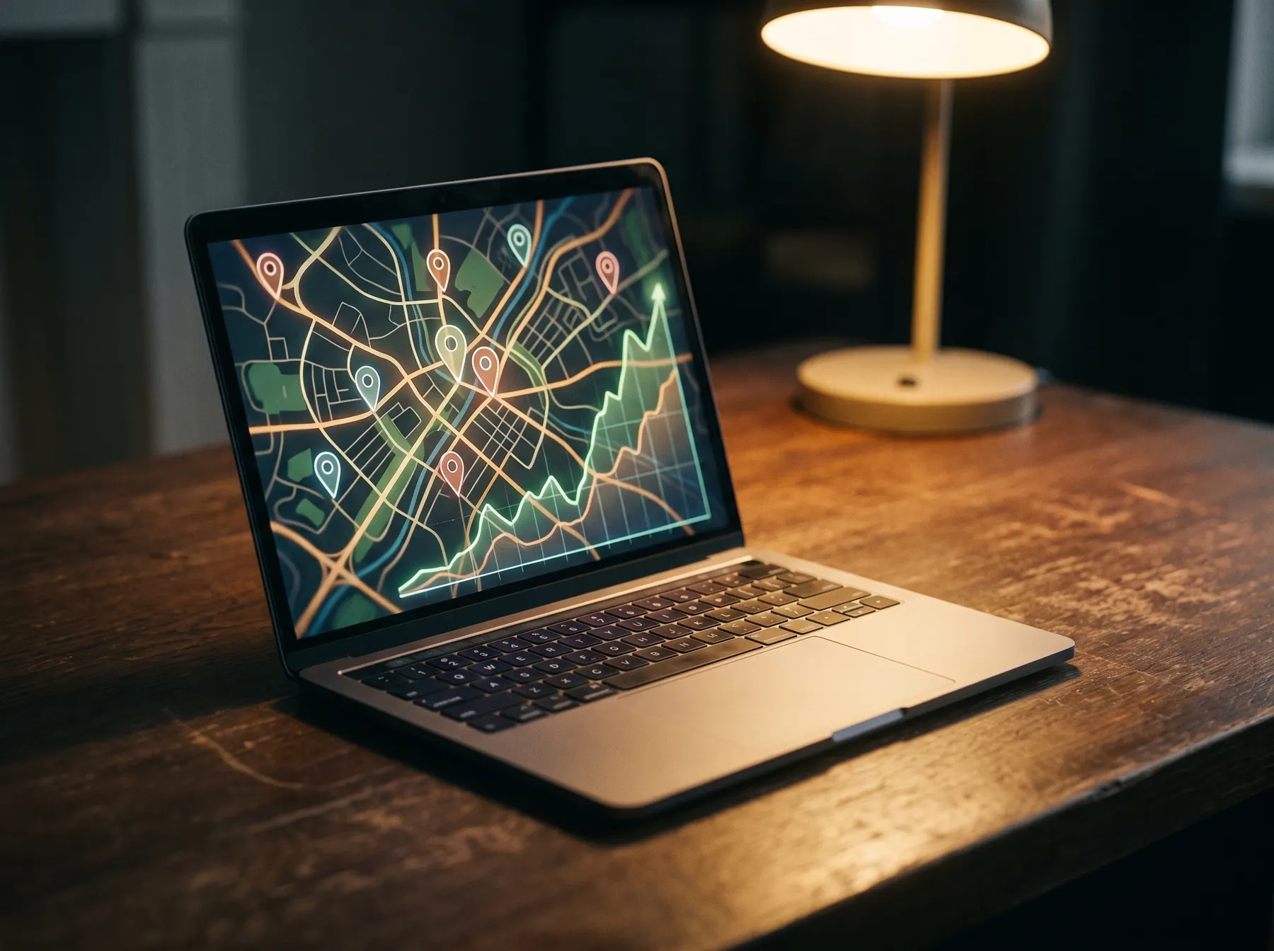 Laptop showing a local map with location pins and a rising chart